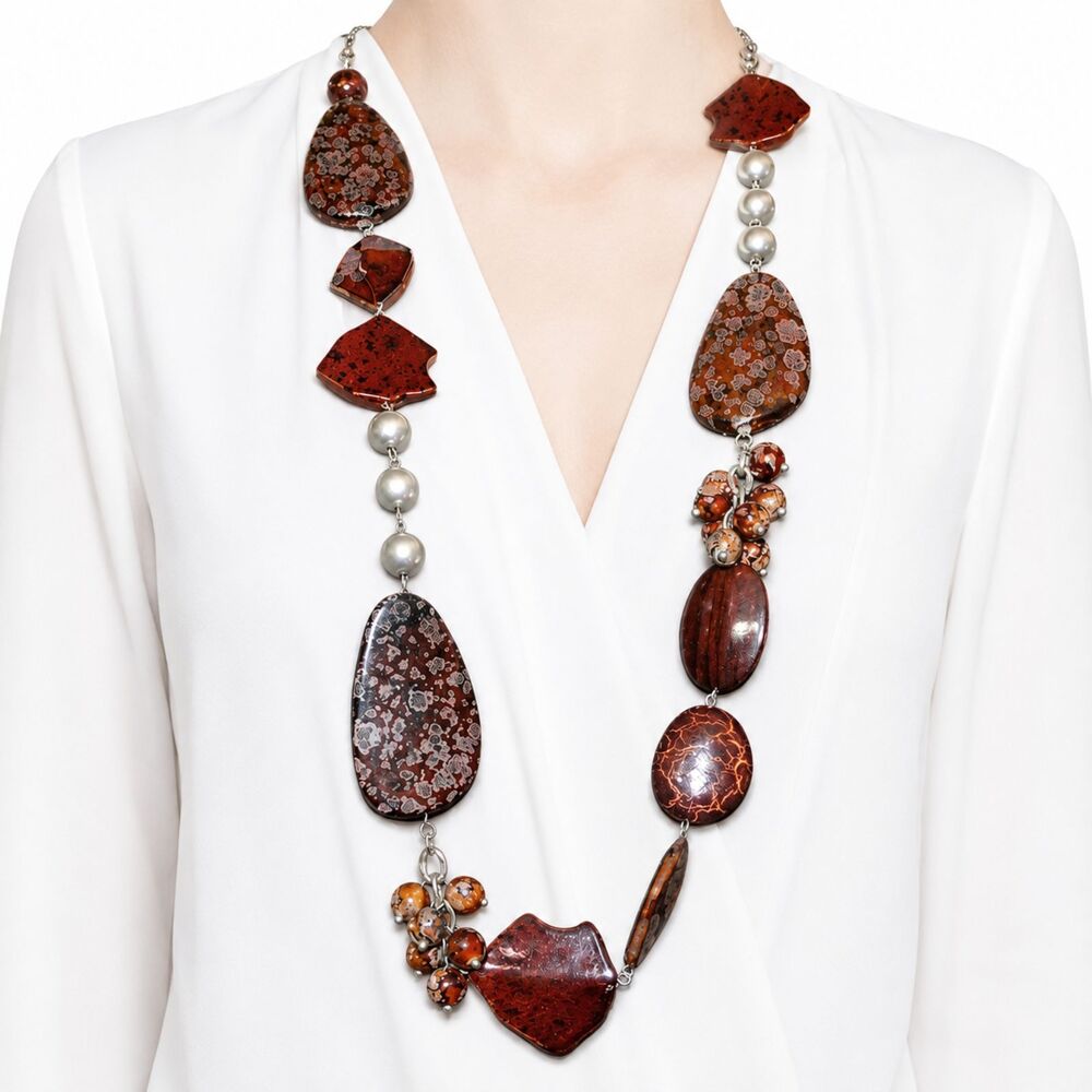 Chico's Rust Brown Agate Slices & Faux Pearls Earth Mother Long Artsy Necklace
